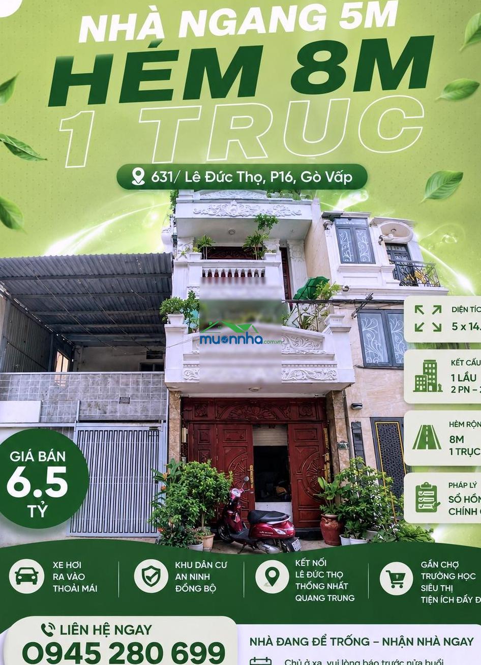 Chỉ 100tr/m² hxh 8m 631 lê đức thọ p16 5x14.5 cn64m² 2l 2pn nhận nhà ngay giá chỉ 6.5 tỷ tl