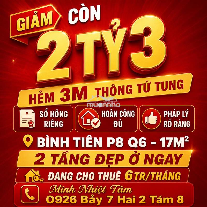 Giảm  2,3 tỷ  sổ hồng riêng, hoàn công đủ - bình tiên p8 q6 - 17m2 .