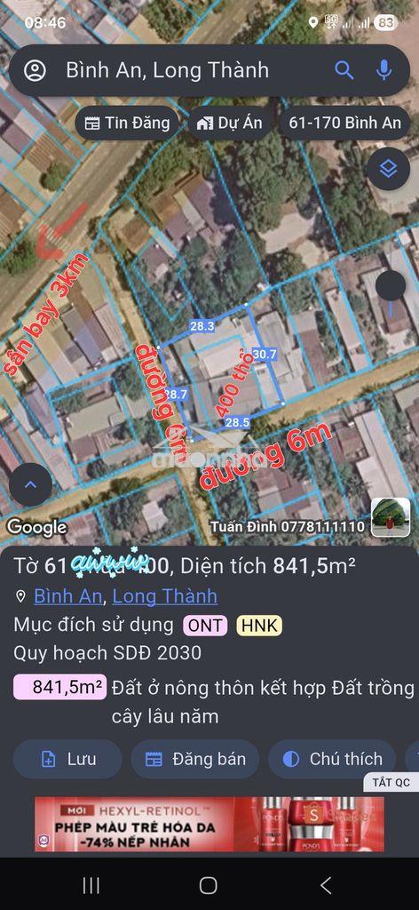 870m có 400t, góc ngã 4 đường 6m, cách sân bay long thành 3km