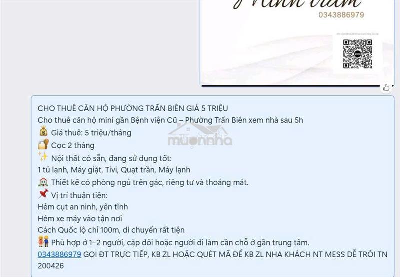 Cho thuê căn hộ phường trấn biên giá 5 triệu