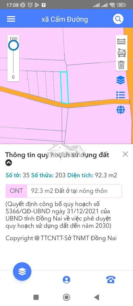 Bán đất thổ cư 92,3m2, cách sân bay 4km, xã cẩm đường