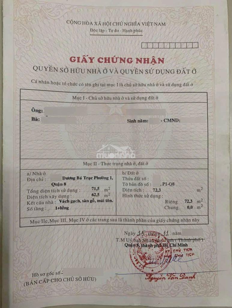 Bán nhà cũ 72,3m2 dương bá trạc gần cầu xáng. hẻm 3,5m gần mặt tiền