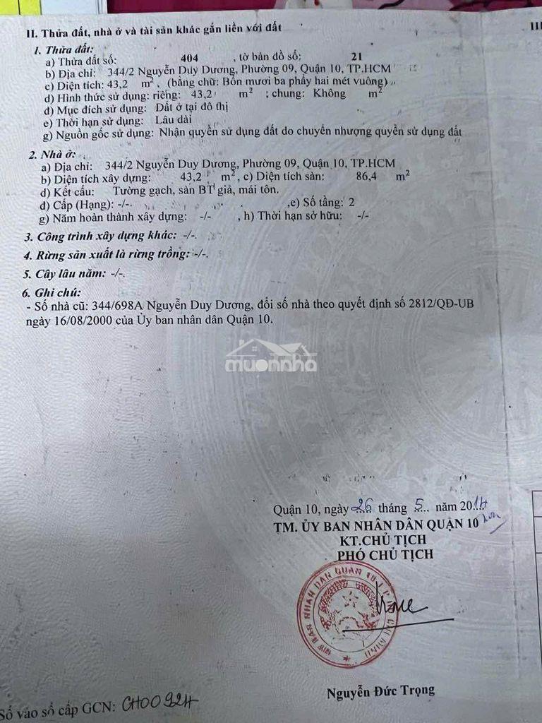 Bán nhà 344/2, nguyễn duy dương, dt: 4.6m*12.5m. 43.2 m2.gía 6.7 tỷ tl