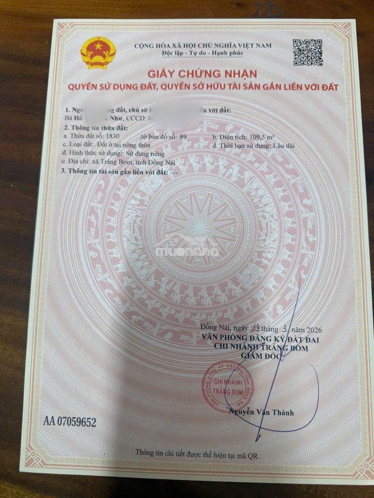 Bán gấp đất trảng bom, đồng nai - 109,5m2 - đuường nguyễn hoàng - 4