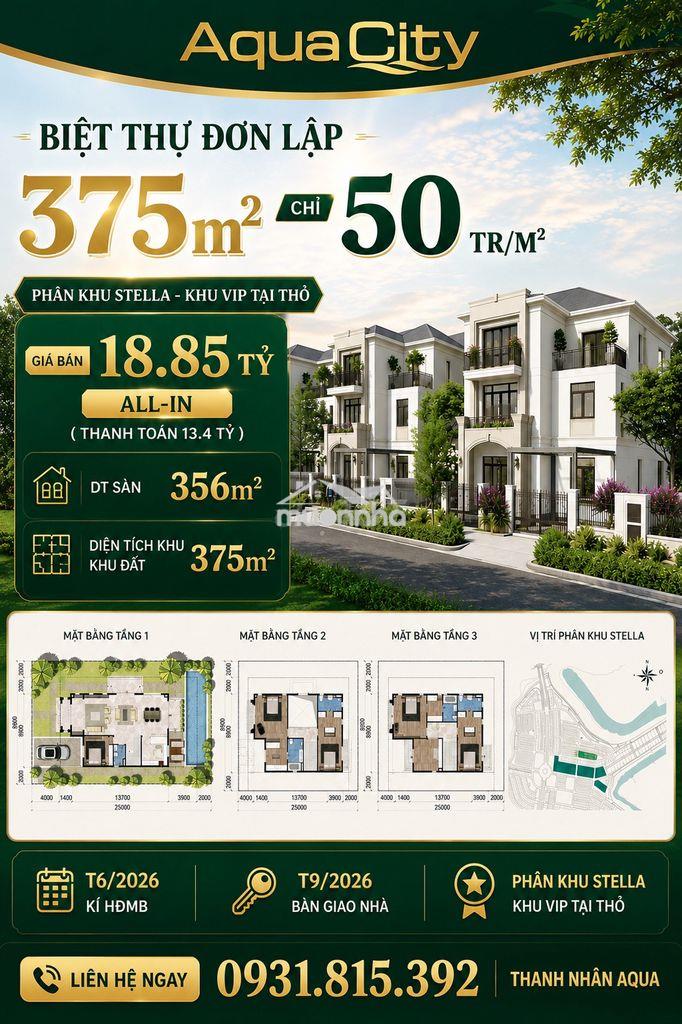 Chỉ 50tr/m2 cho căn biệt thự đơn lập 15x25m tại aqua city - đồng nai - 2